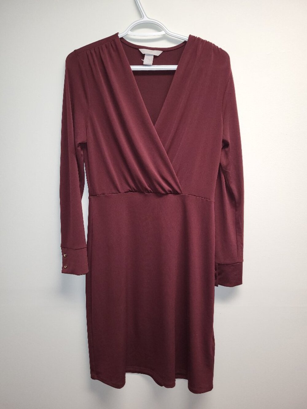 H&M Burgundy Faux Wrap Dress Size 8 Long Sleeve